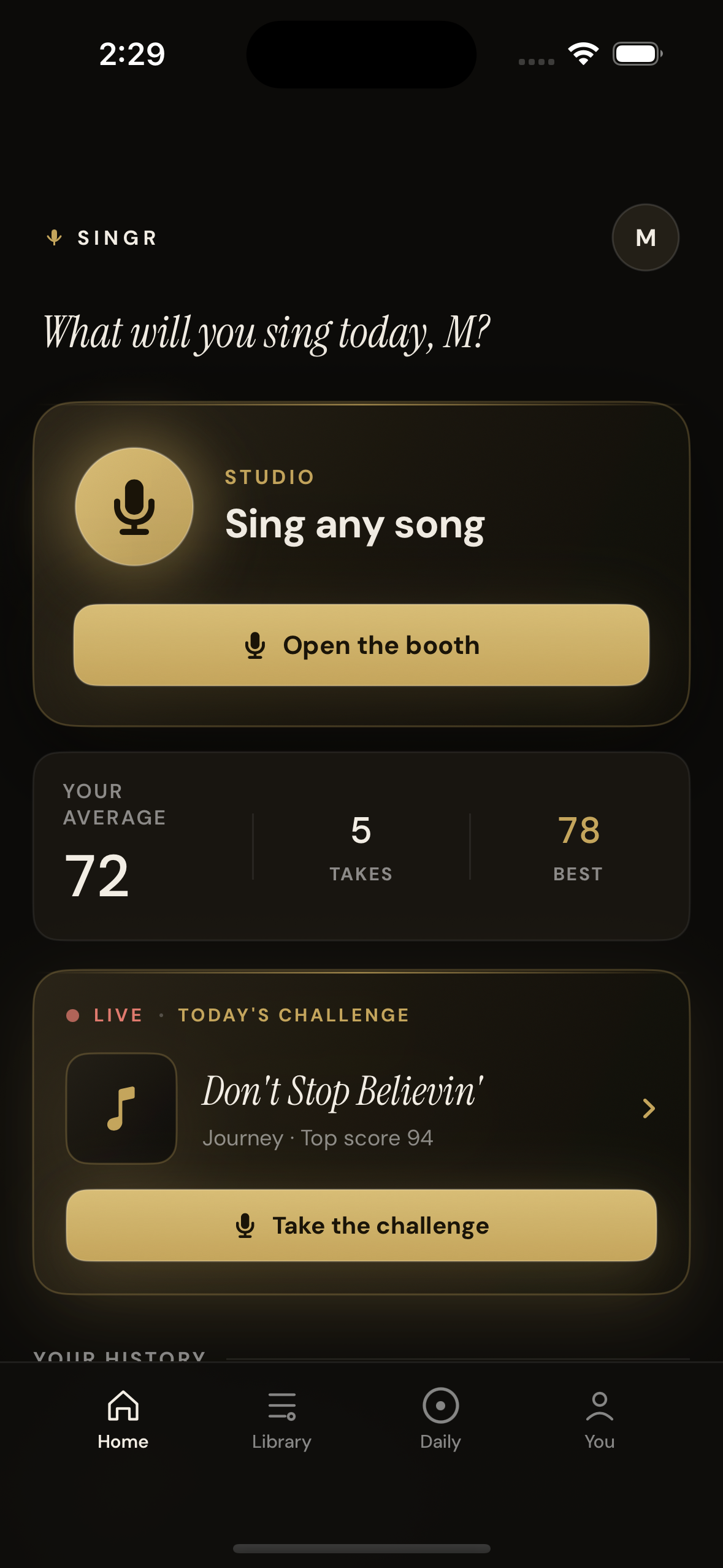Singr home screen with studio, average score, and daily challenge